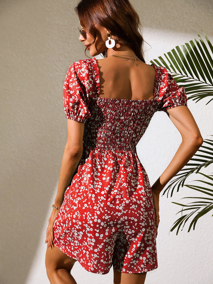 Red Printed Romper With Smocking