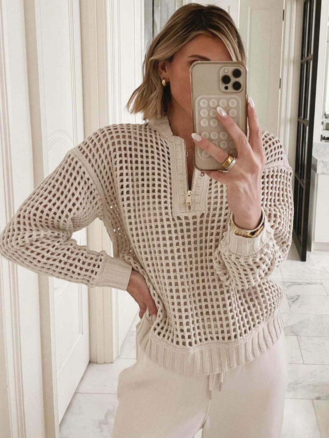 Off White Full Sleeve Textured Sweaters