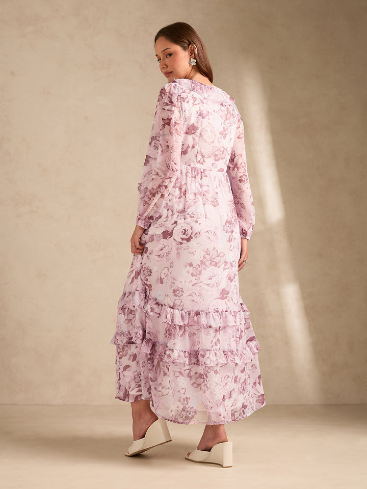 Pink Maxi Length V Length Printed Dress With Tiers