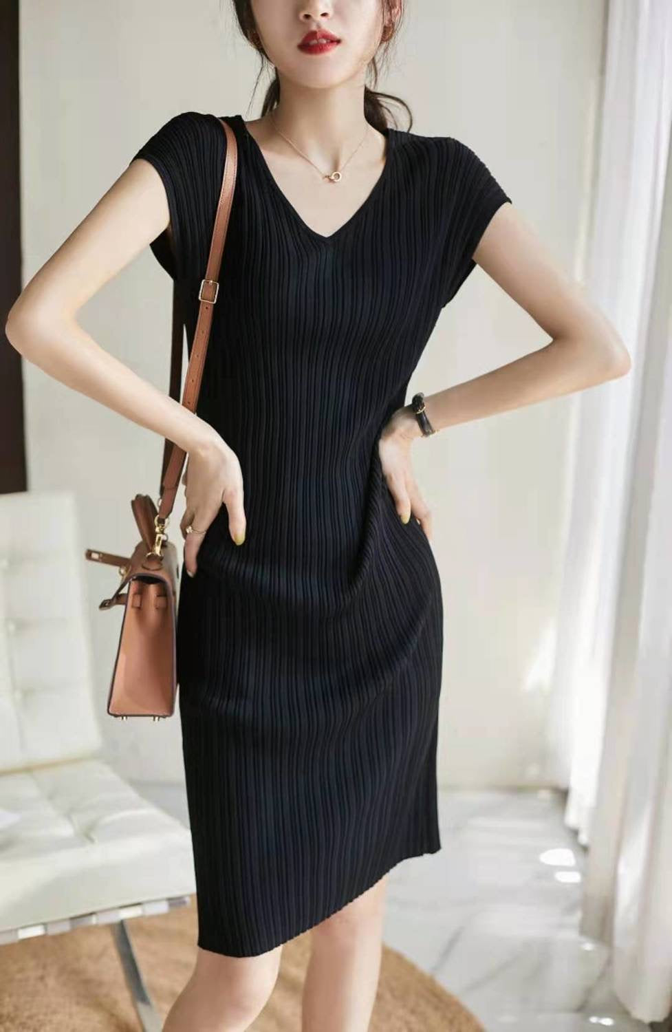Black V Neck Rib Dress