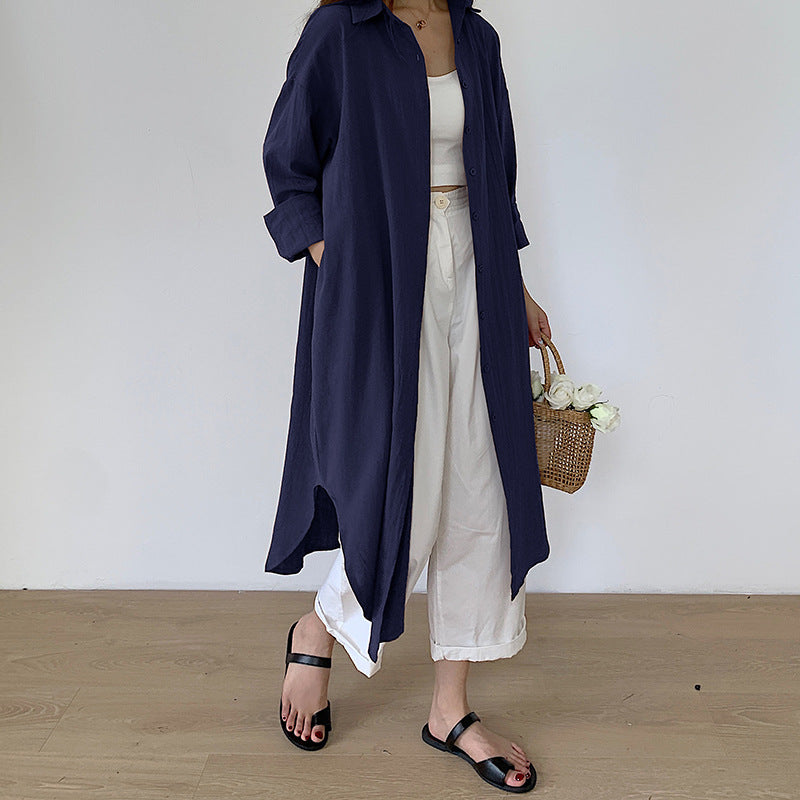 Navy Blue Longline Button Down Shirt Dress