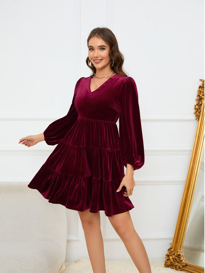 Wine Plunge Neckline Skater Dress