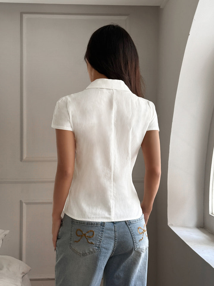 White Half Sleeved Pink Tucked Shirt