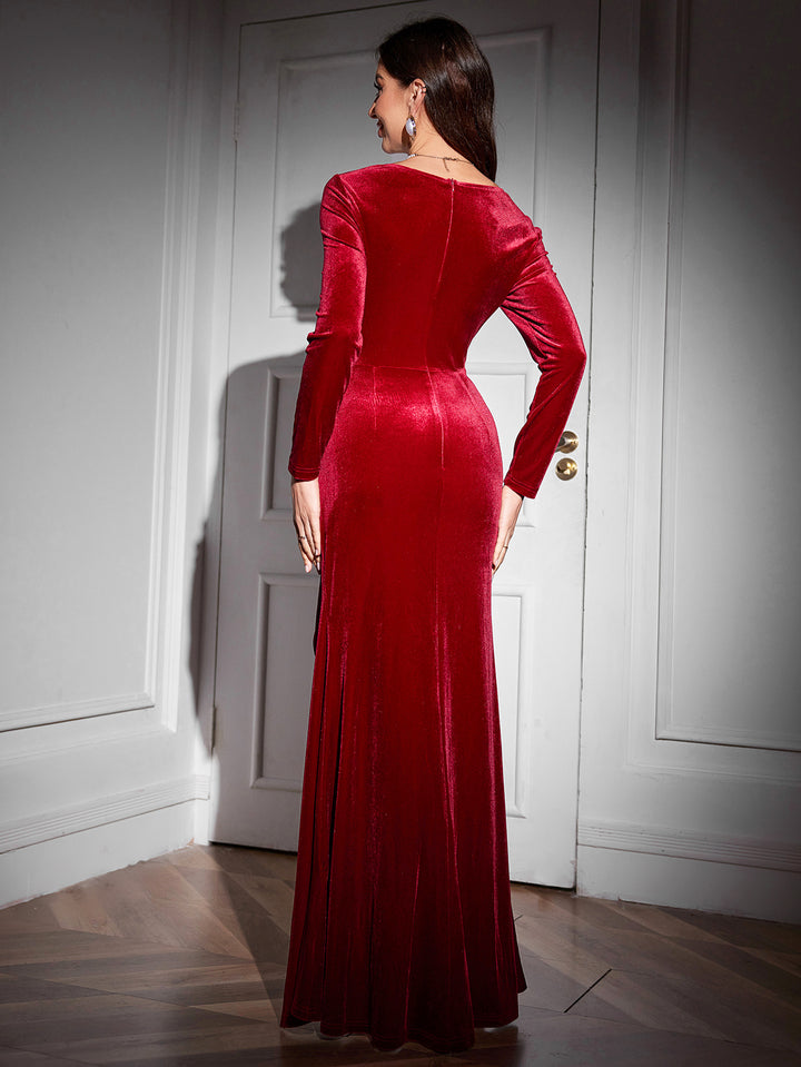 Red Full Sleeves Square Neck Side Slit Dress