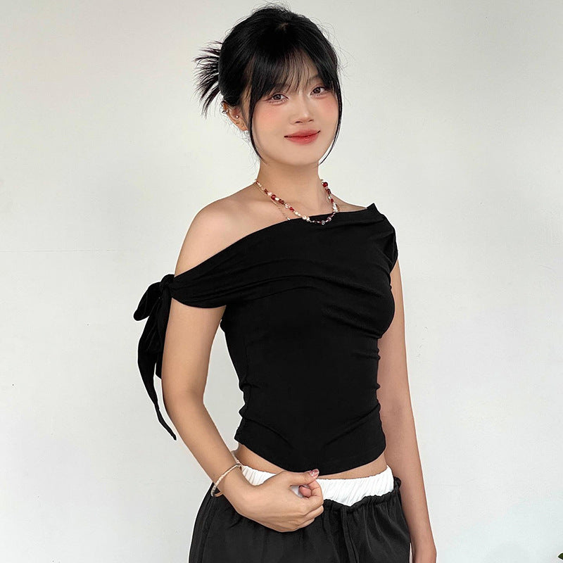 Black Off-Shoulder Tie Up Strap Top