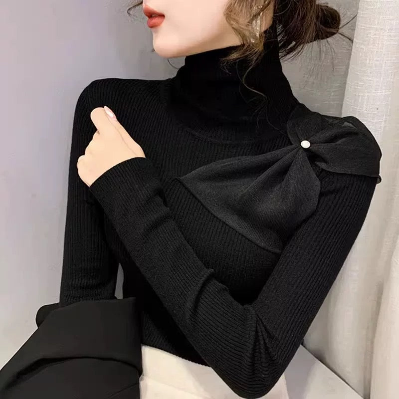 Black Flat Knit With Bow Top