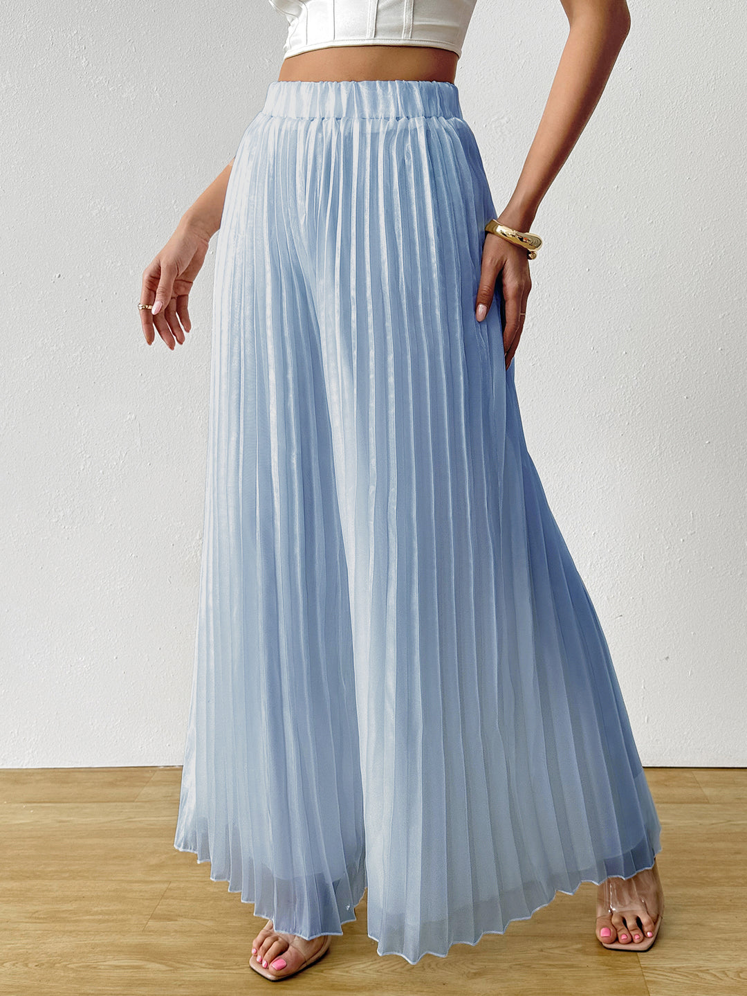 Blue Solid Wide Leg Pleated Trouser