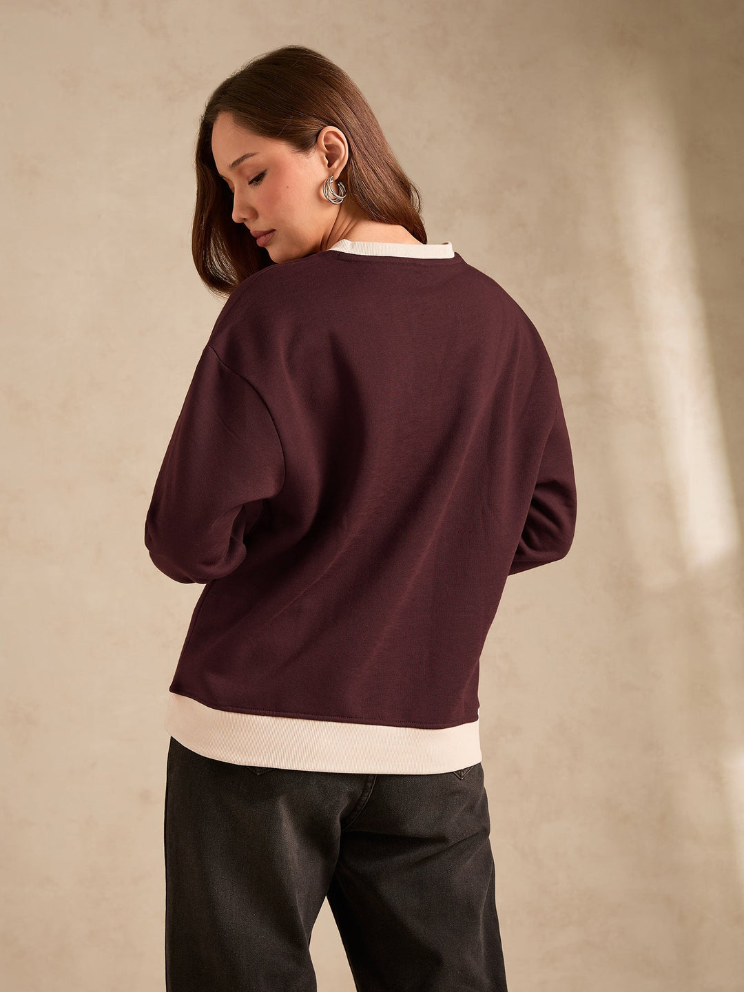 Brown Contrast Neck Graphic Russian Fleece Pullover