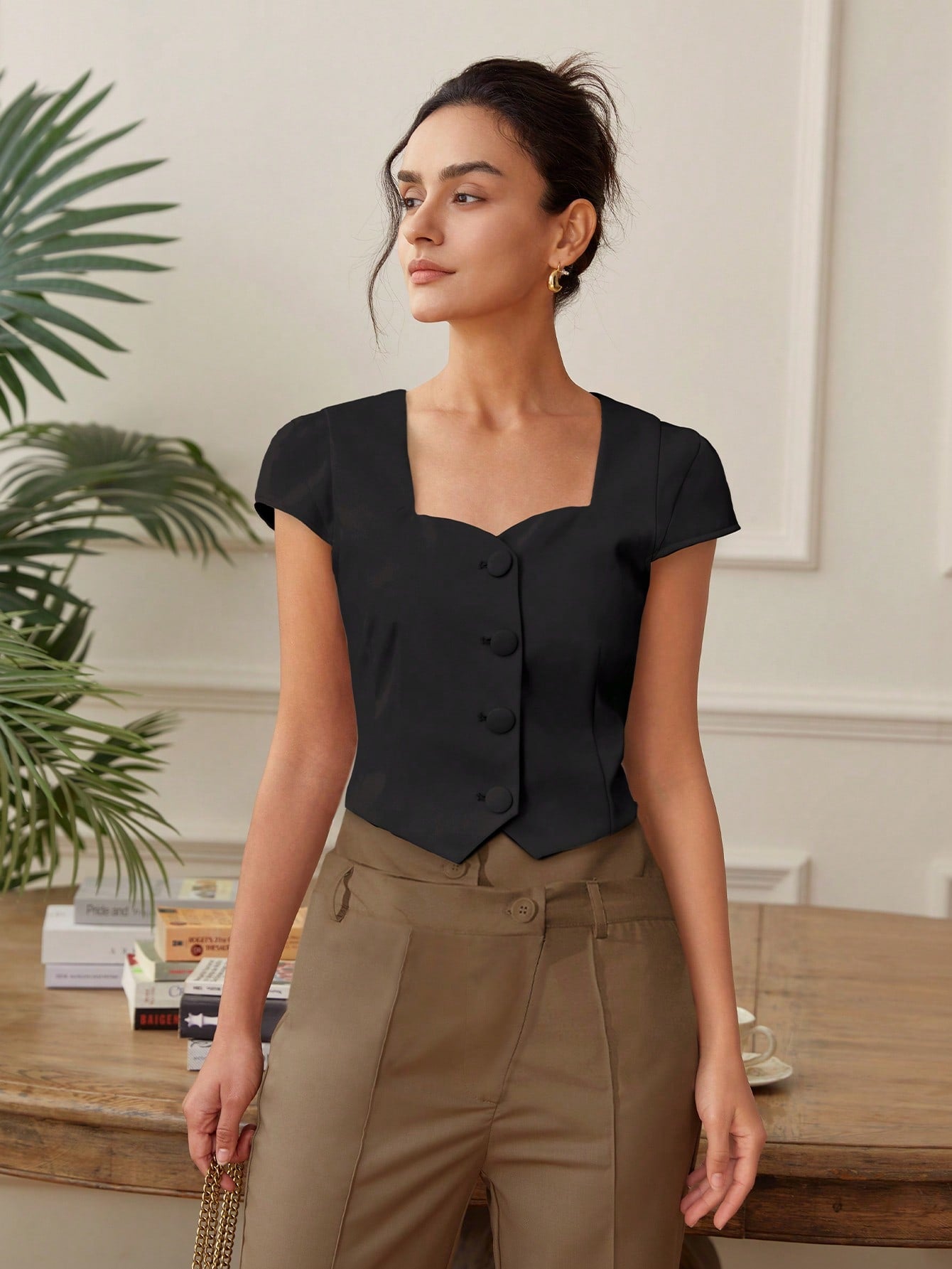 Black Front Button Top