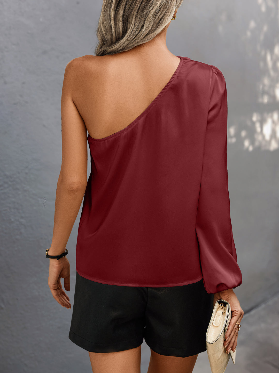 Wine One Shoulder Floral Embellished Top