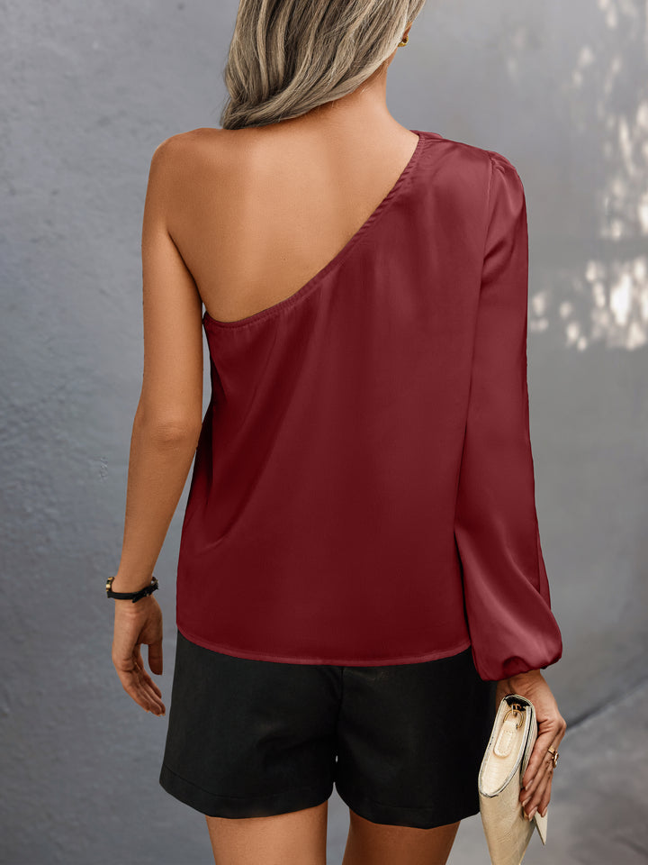 Wine One Shoulder Floral Embellished Top