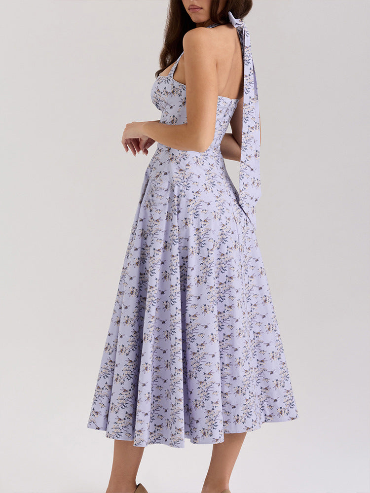 Purple Printed Halter Neck Midi