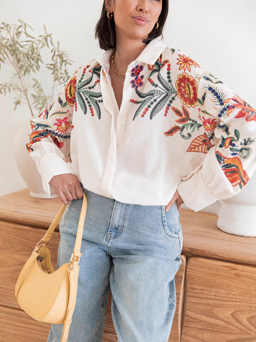 White Full Sleeve Embroidered Collared Top