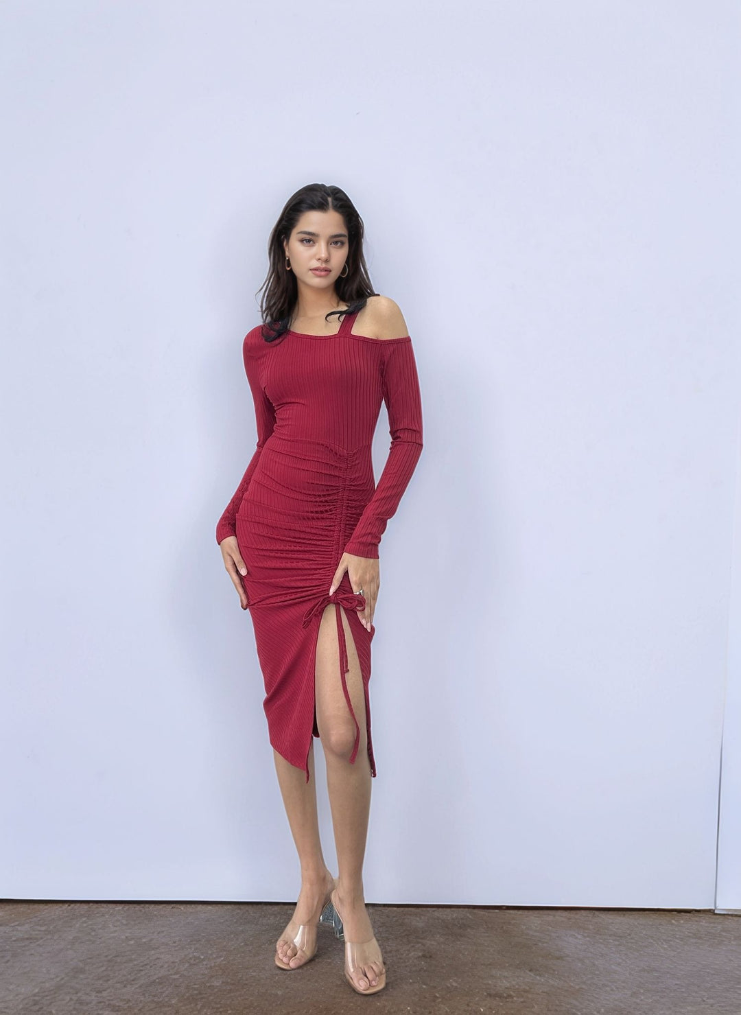 Wine Cold Shoulder Ruched Dress