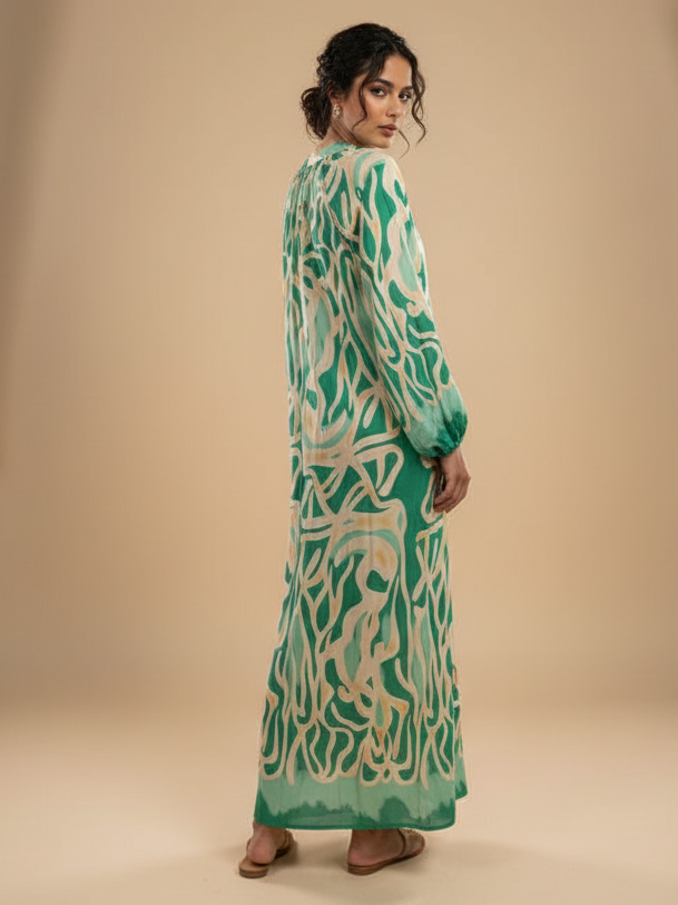 Green Abstract Print Full Sleeve Dress