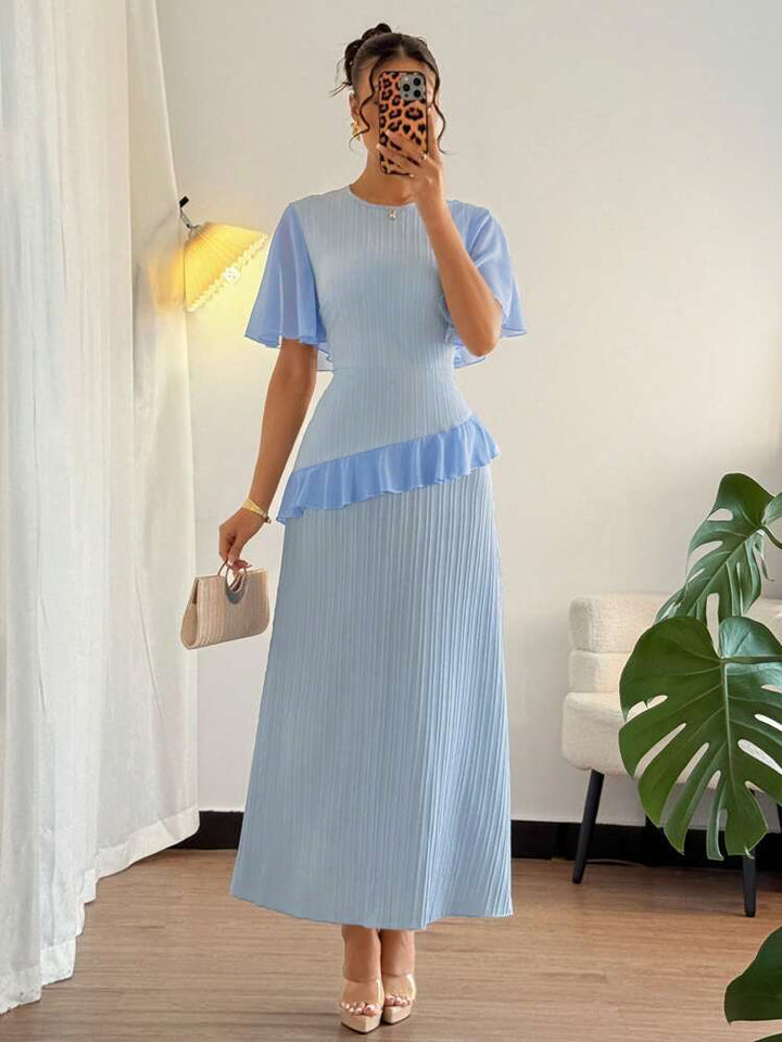 Blue Short Sleeve Frill Attached Dress