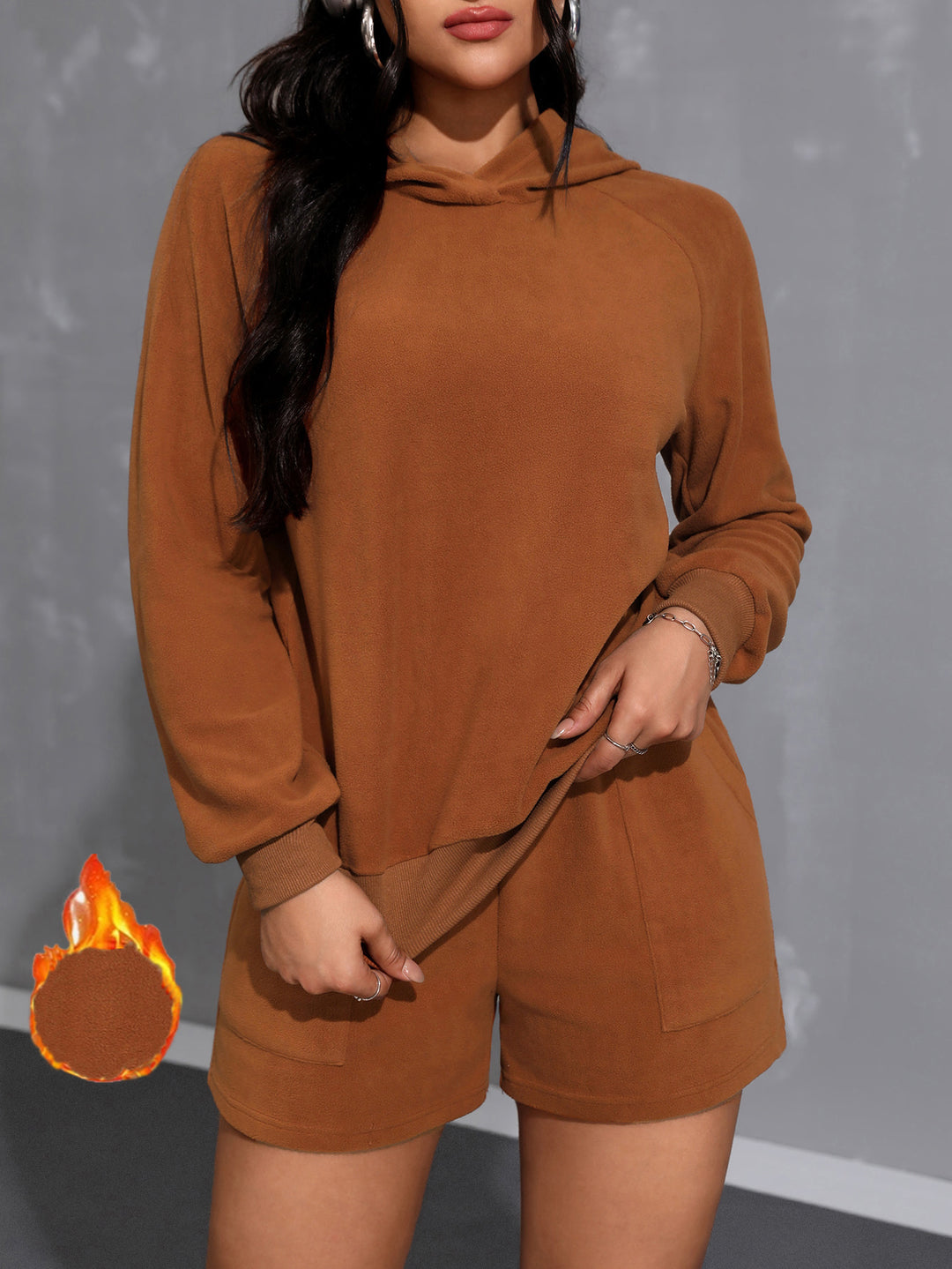 Brown Full Sleeve Hooded Sweatshirt And Shorts Set