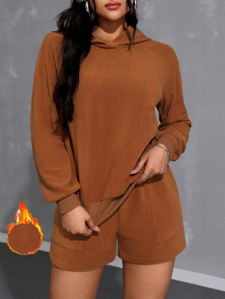 Brown Full Sleeve Hooded Sweatshirt And Shorts Set