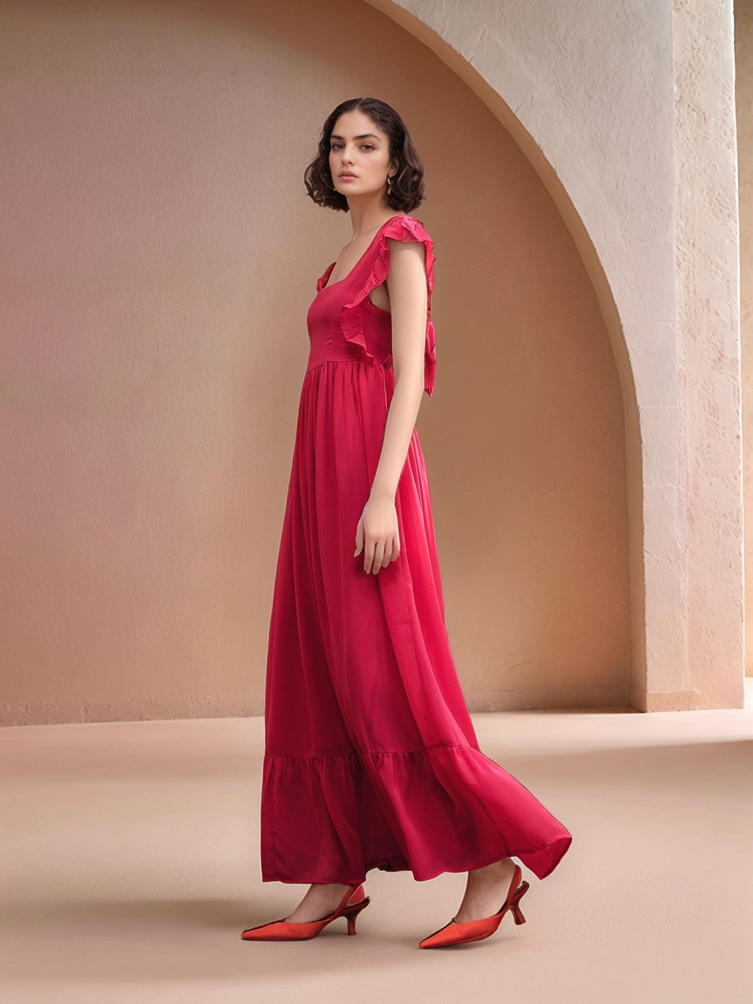 Fuchsia Ruffle Sleeve Back Tie-Up Printed Dress
