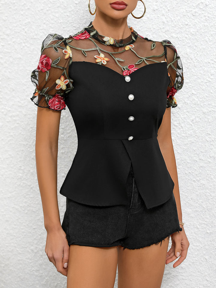 Black Peplum Top With Floral Mesh