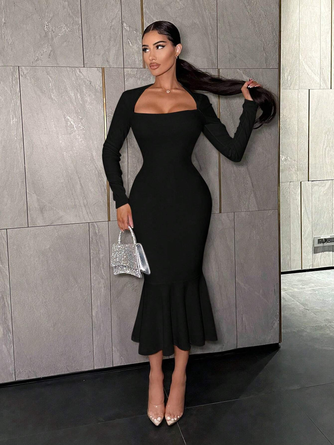 Black Full Sleeve Square Neck Dress