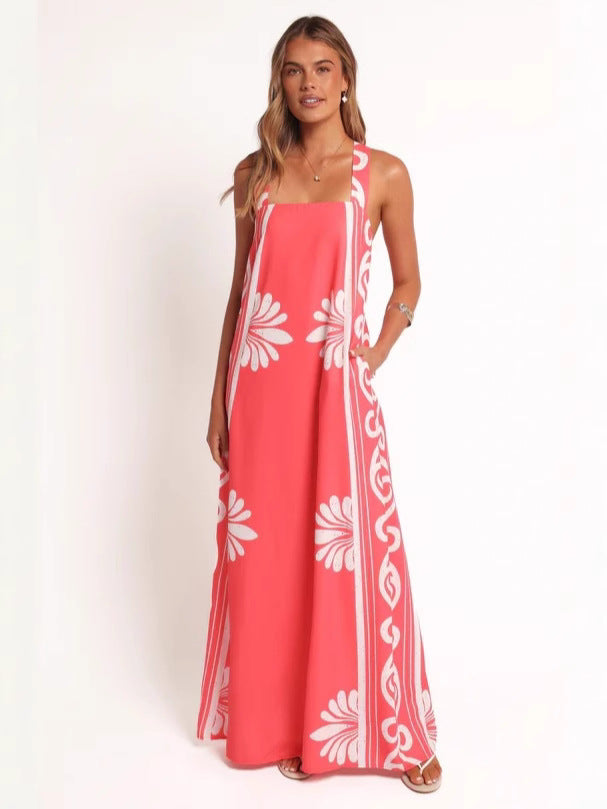Coral Abstract Printed Shoulder Strap Dress