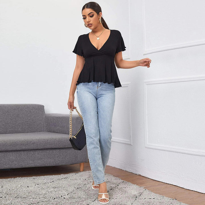 Black Flouncy Hem V-Neck Top