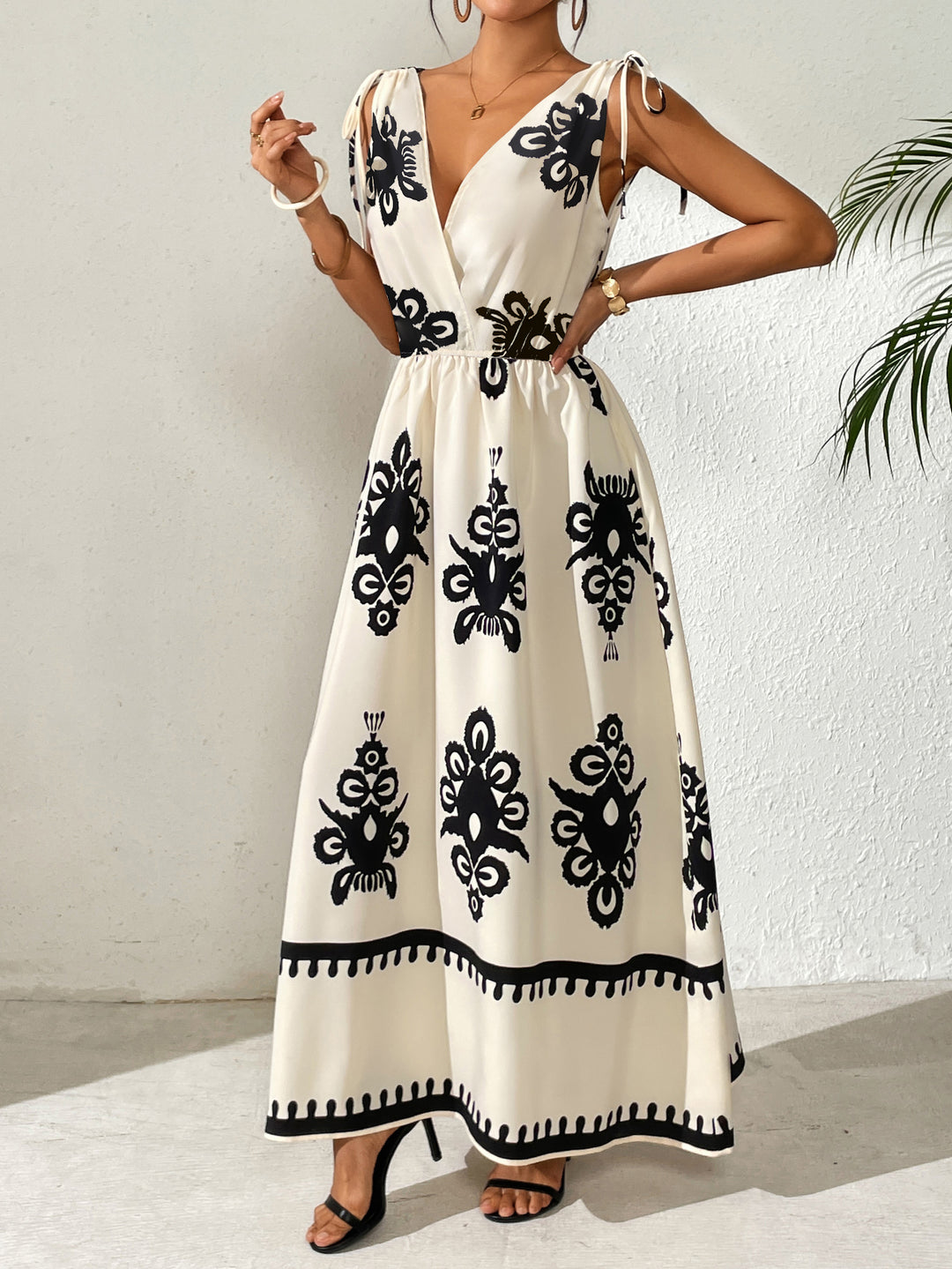 White Plunge Neck Printed Tie Up Dress