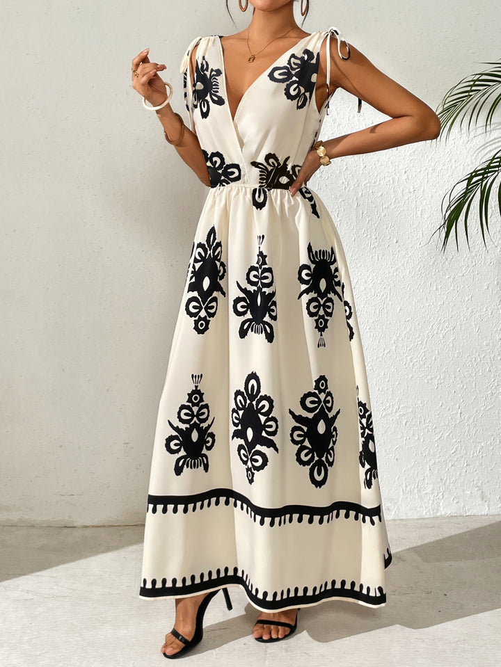 White Plunge Neck Printed Tie Up Dress