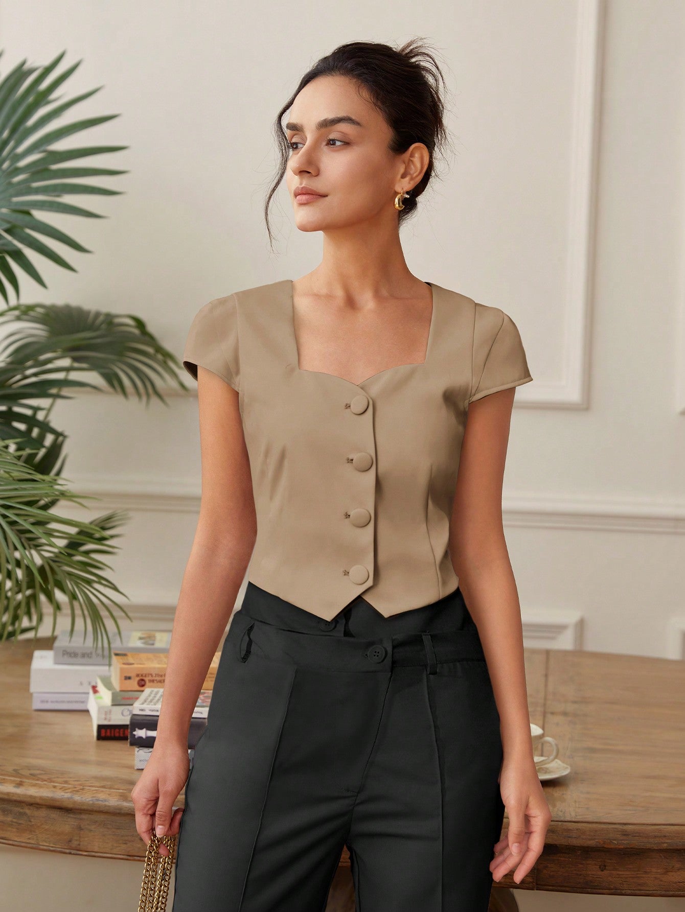 Beige Front Button Top