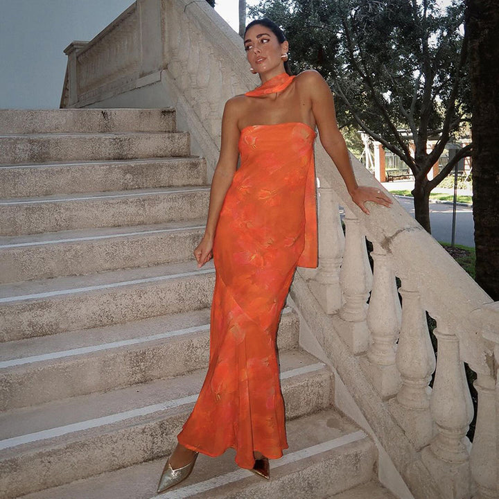 Orange Printed Tube Maxi Dress