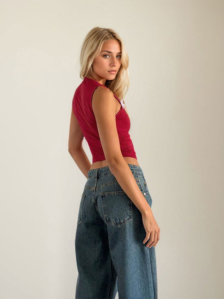 Red Broad Strap Bow Attached Top