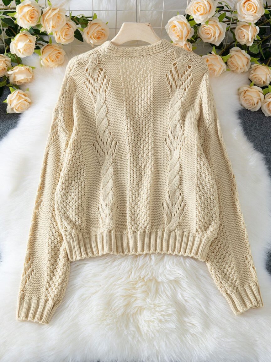 Beige Full Sleeves V Neck Textured Cardigan