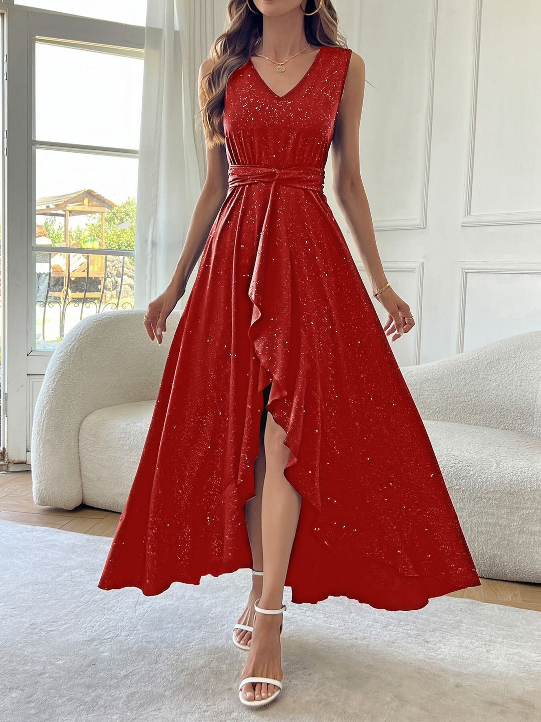 Red V Neck Flared High Low Dress