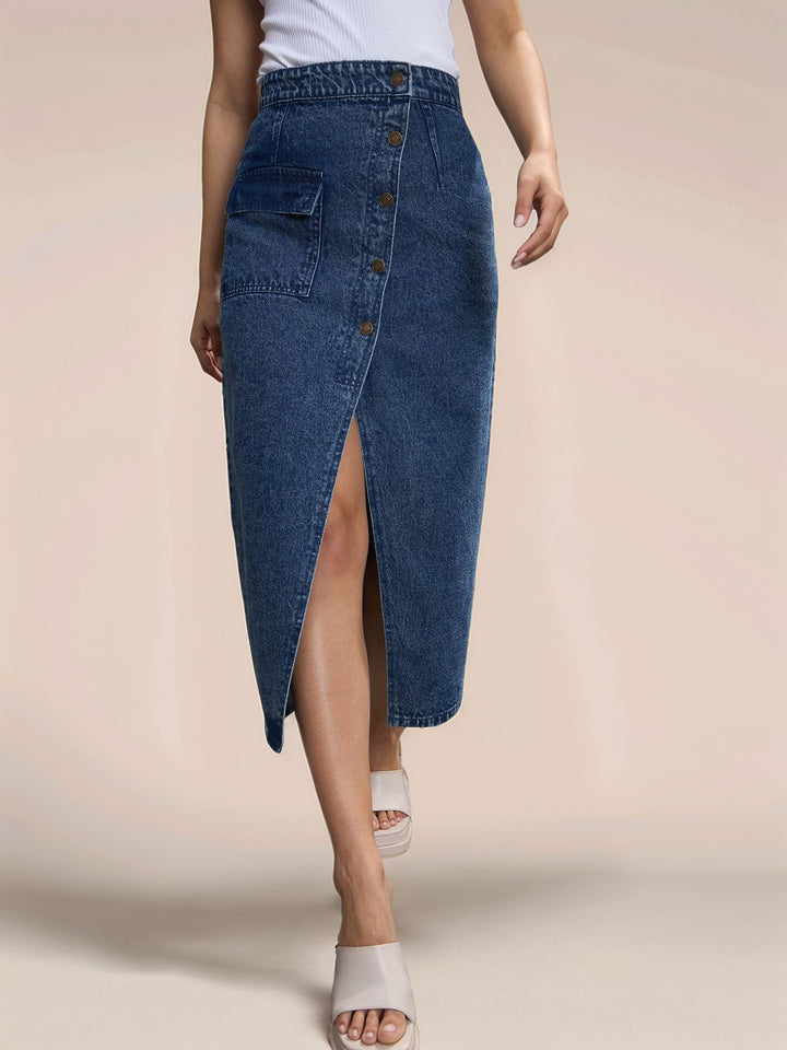 Blue High Waist Front Slit Skirt