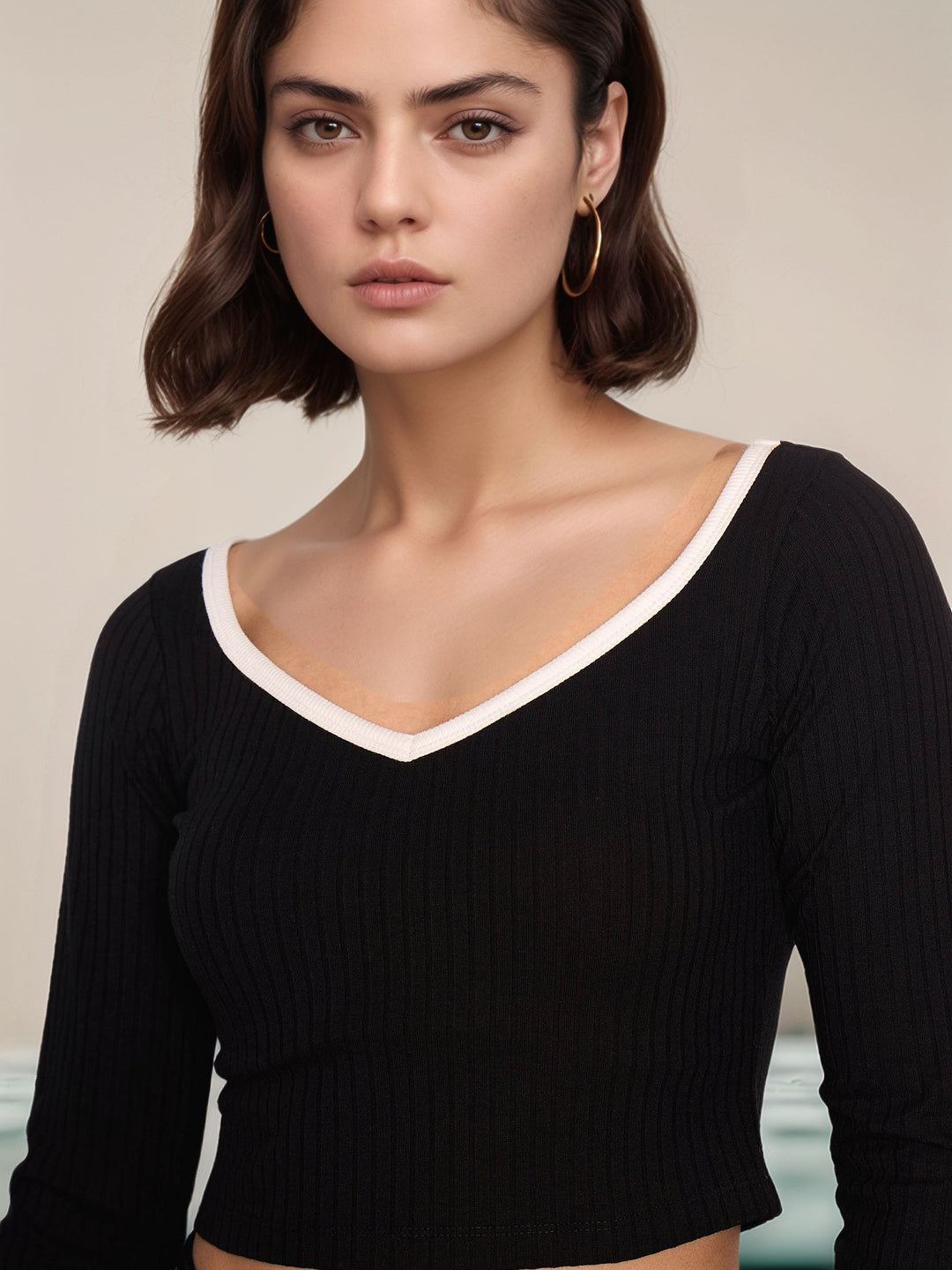 Black Full Sleeves Contrast Neckline Top