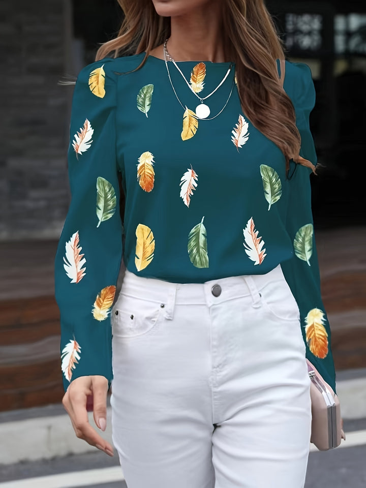 Green Printed Full Puff Sleeves Top