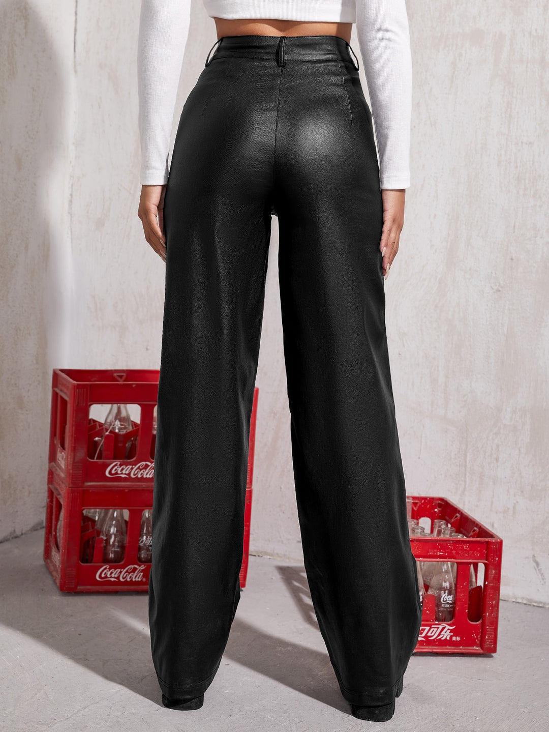 Black Pu Wide Leg Jeans With Seams Detailing