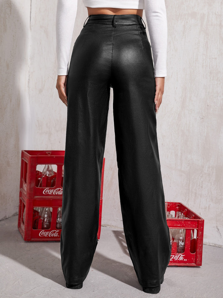 Black Pu Wide Leg Jeans With Seams Detailing