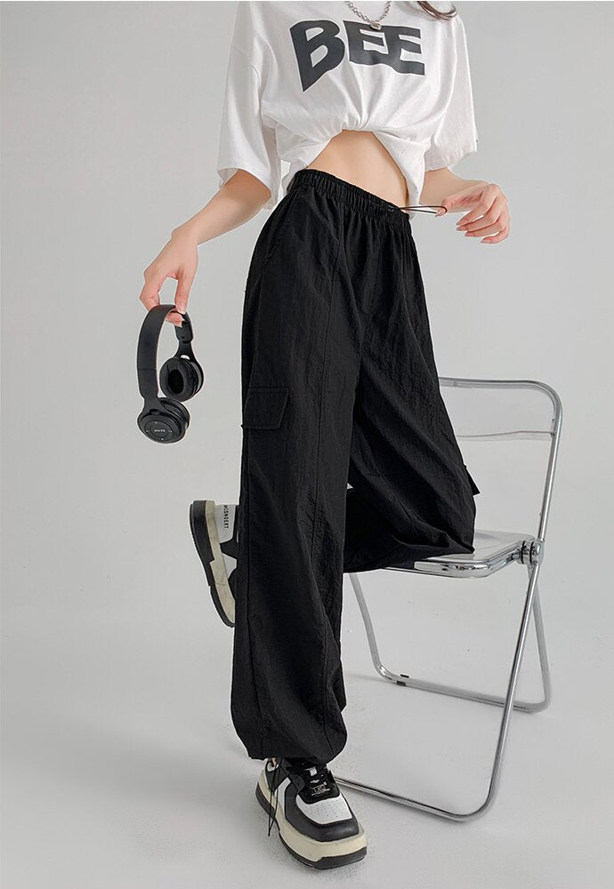 Black Straight Fit Drawstring Parachute Cargo Pants
