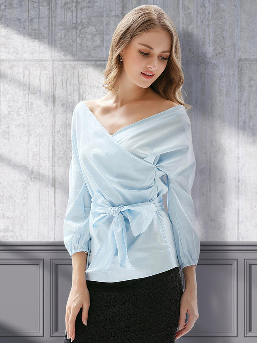 Blue Off-Shoulder Wrap Top