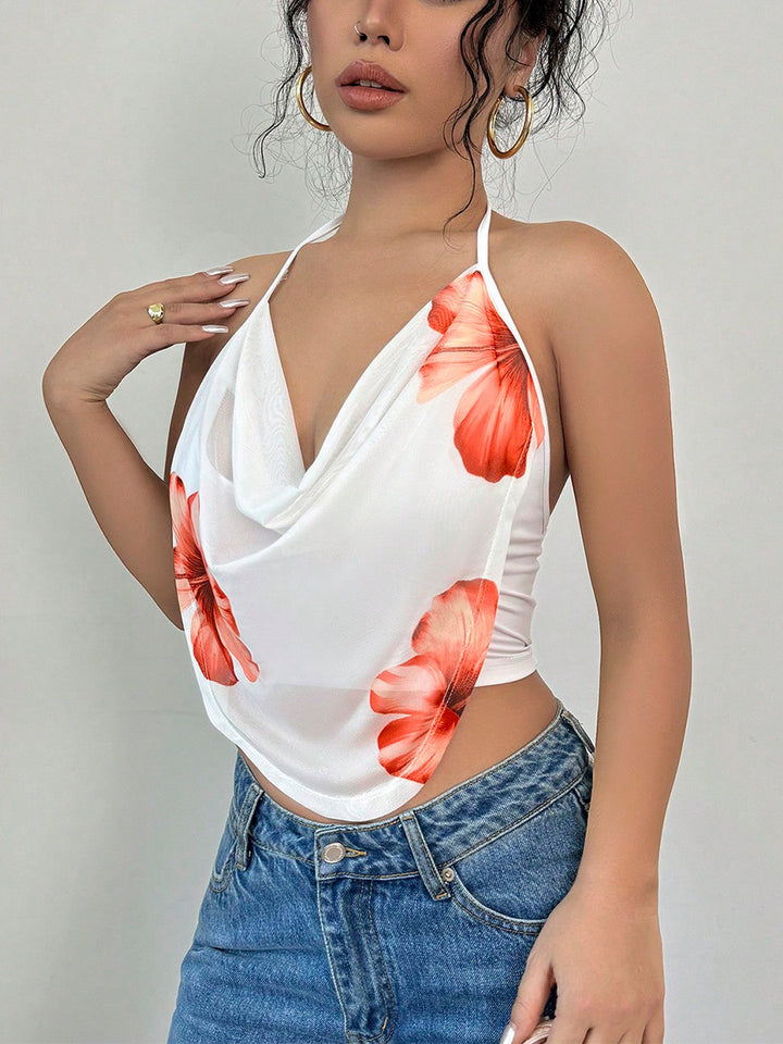White Printed Cowl Neck Top