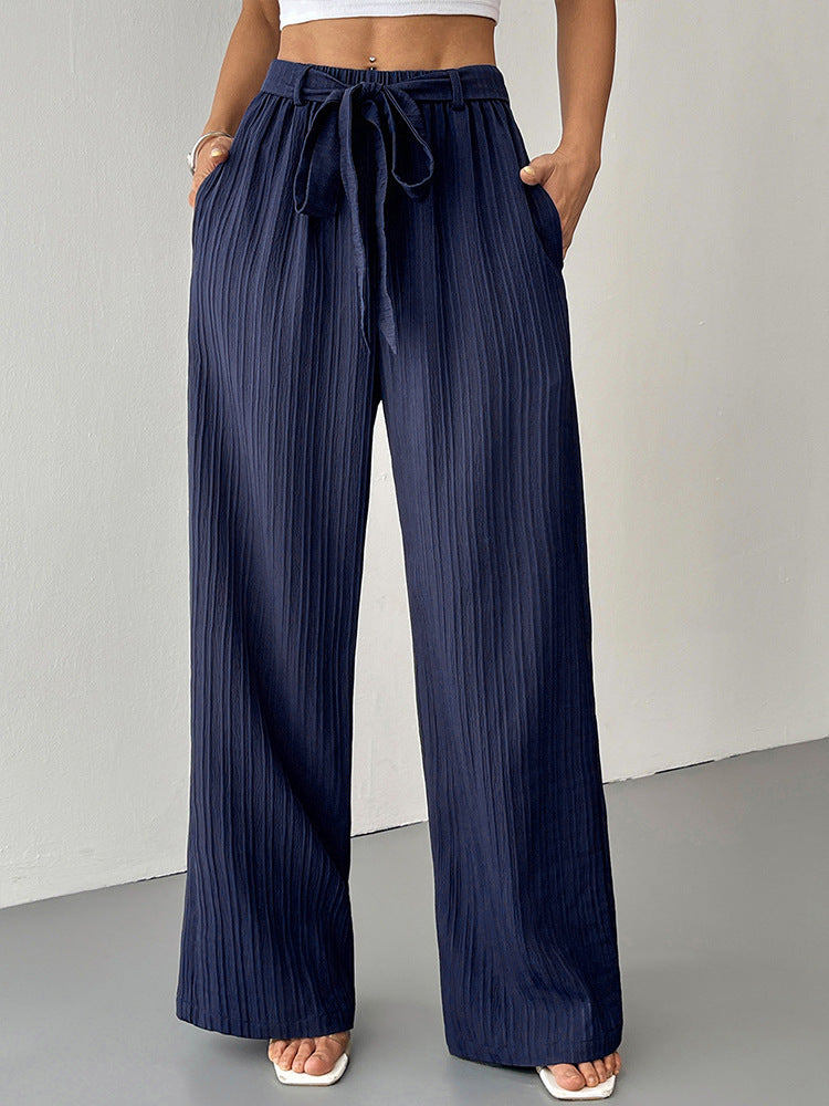 Navy Blue Crinkled Drawstring Wide-Leg Pants