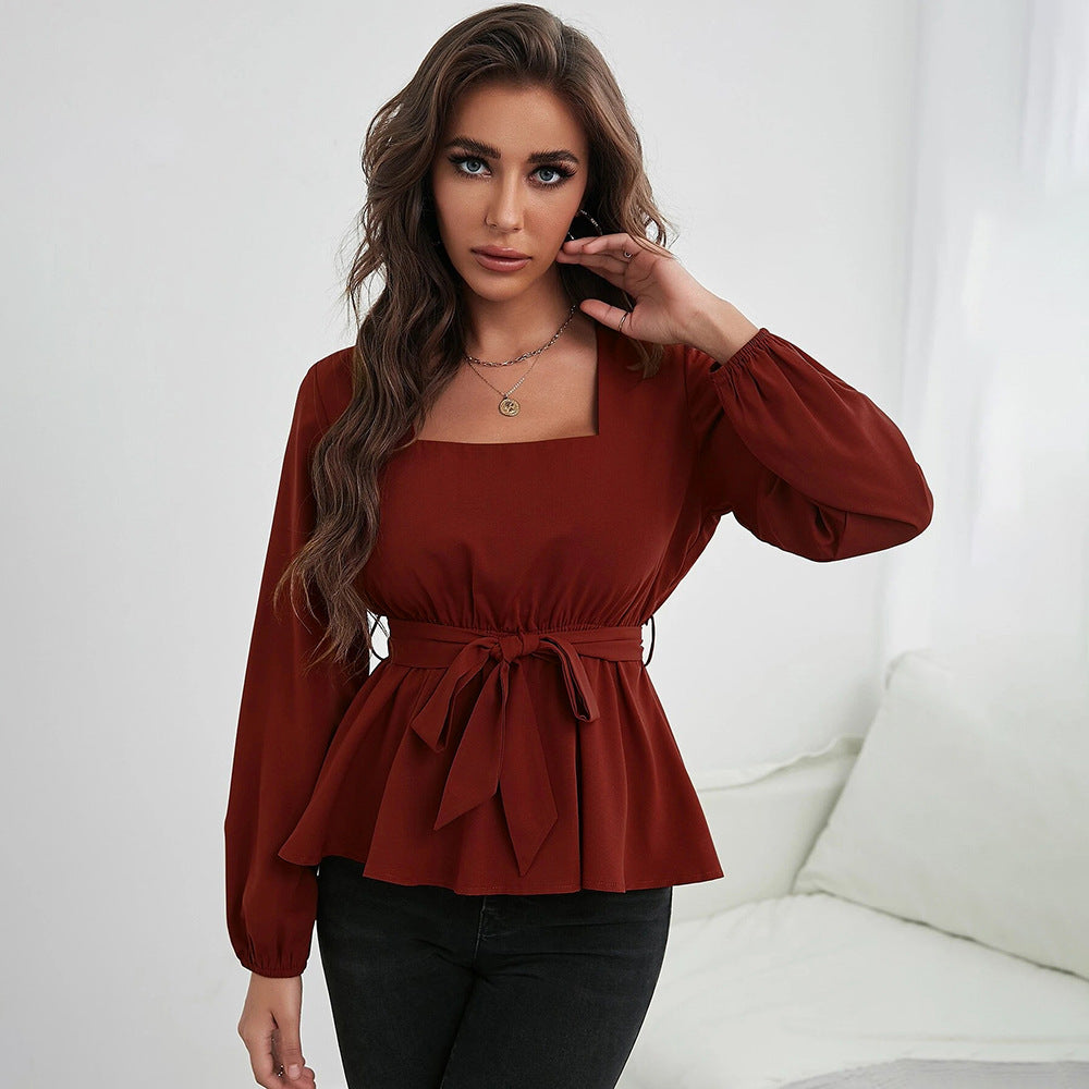 Red Bishop Sleeve Waist Tie-Up Top
