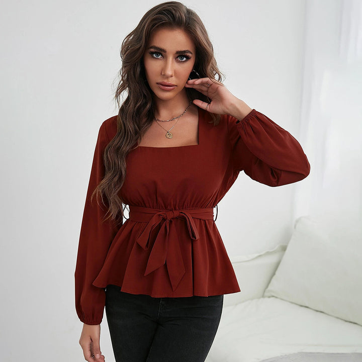 Red Bishop Sleeve Waist Tie-Up Top