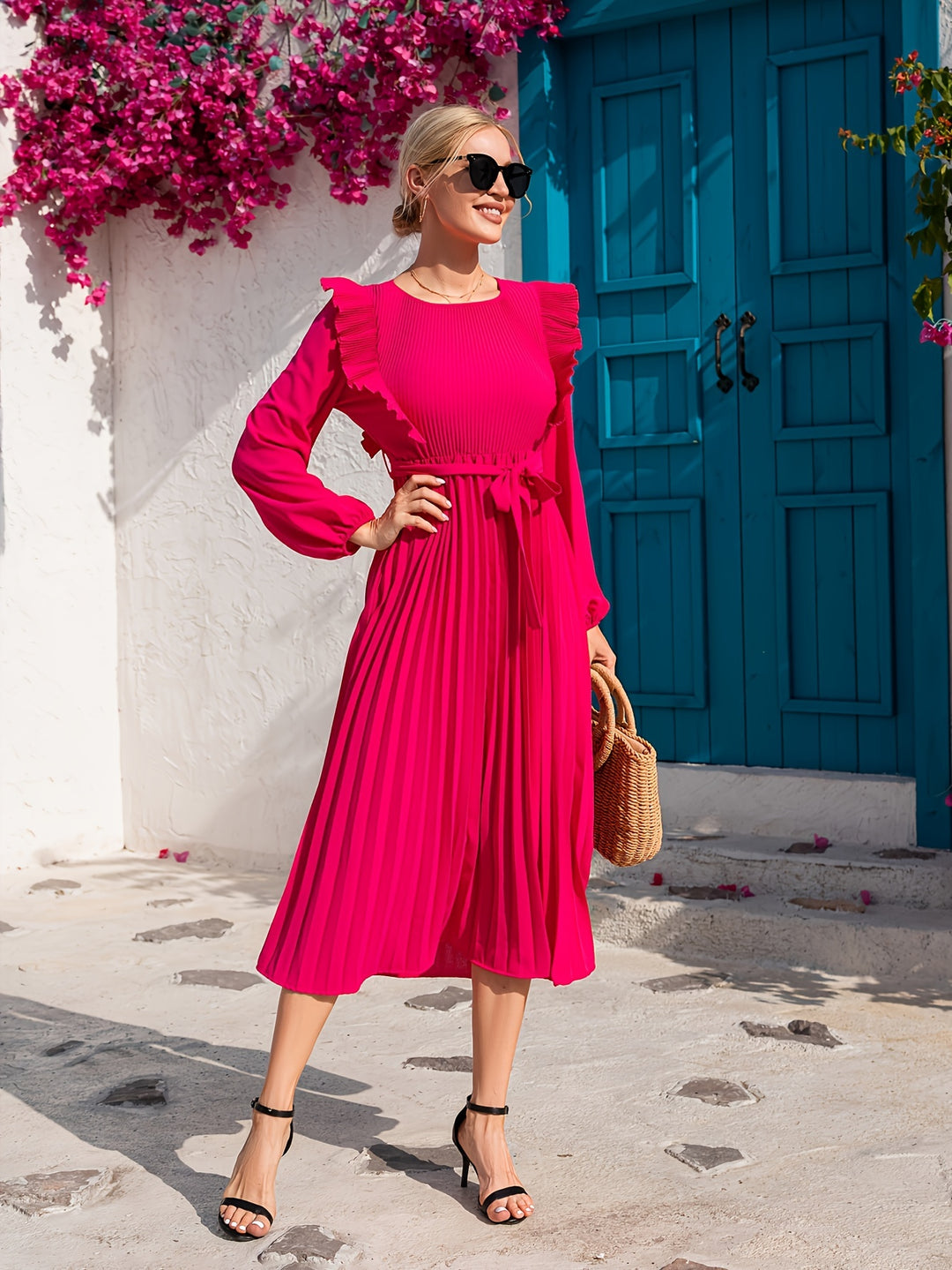 Pink Solid Pleated Dress