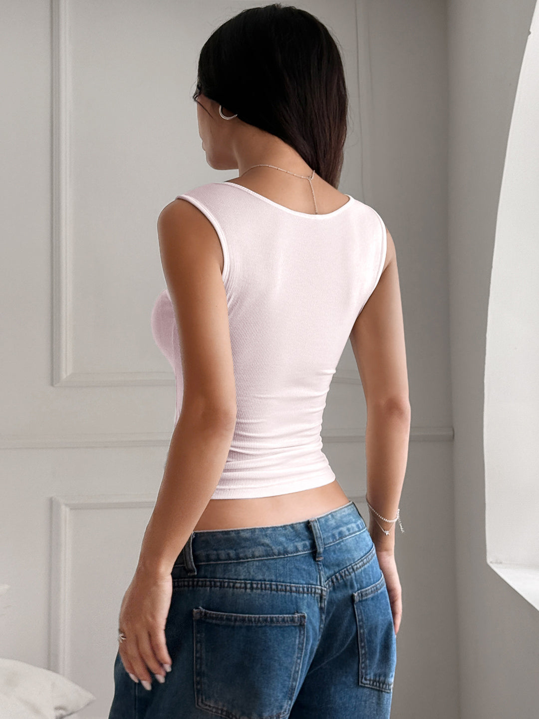 Light Pink Deep Neck Button Down Top