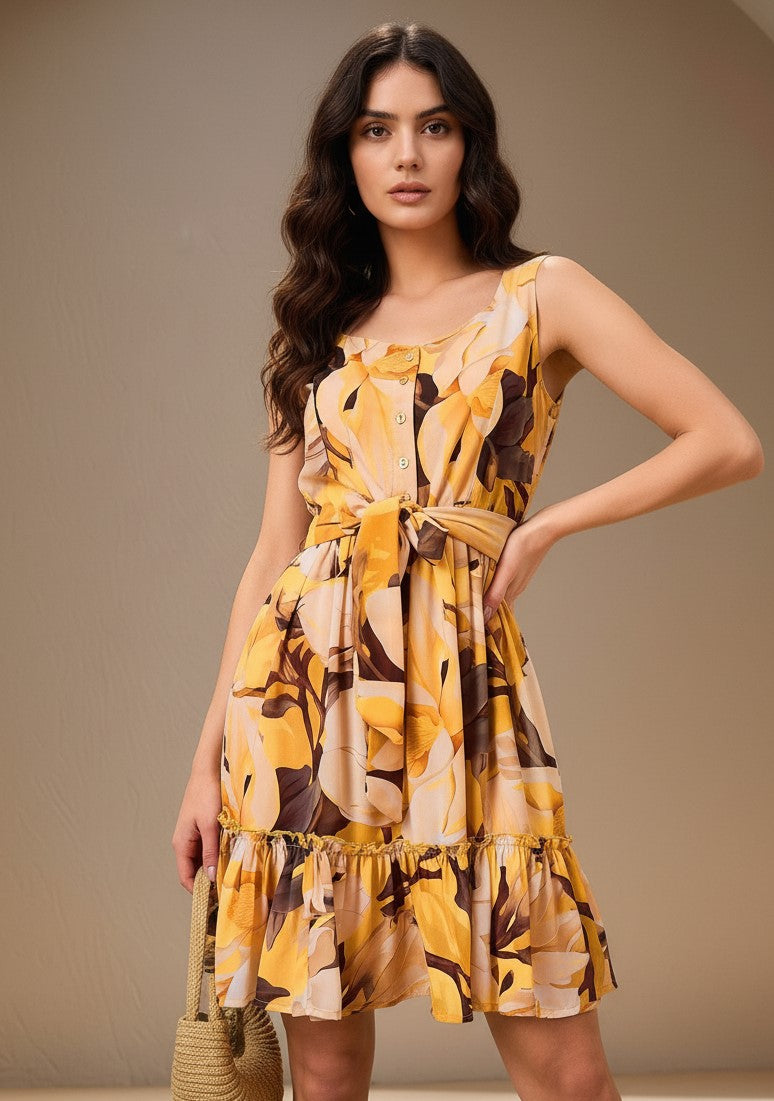 Yellow Shoulder Strap Abstract Printed Dress