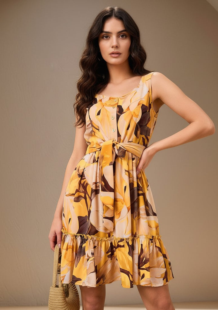 Yellow Shoulder Strap Abstract Printed Dress