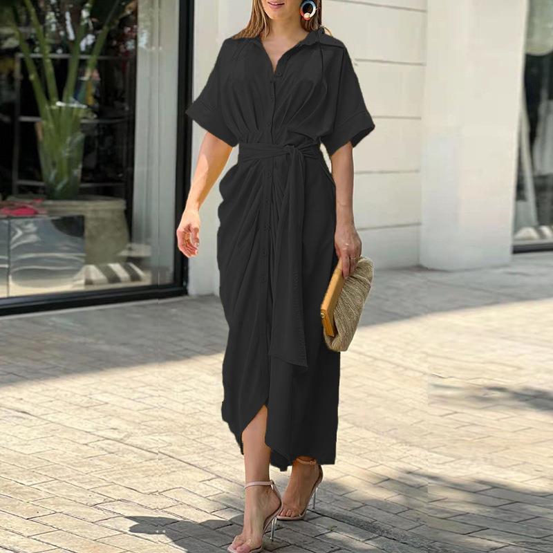 Black Printed Waist Tie Up Straight Fit Dress